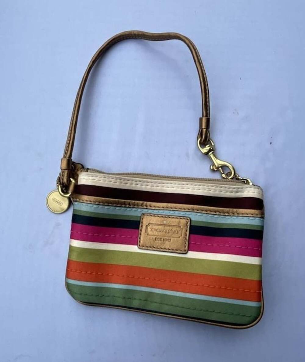 Coach Julia Legacy Stripe Satin Wristlet Multicolor Gold Leather Trim